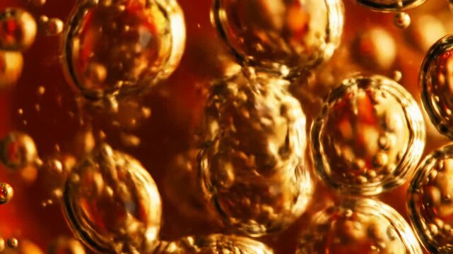 Macro video of translucent oil droplets & bubbles swirling in molten amber-like liquid, with luminous edges & exquisite bokeh. Abstract scientific beauty concept.