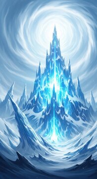 An epic view of a monumental frozen ice citadel caught in a furious, magical whiteout storm. Glowing blue energy emanates from the structure's core, structure, fortress, landscape