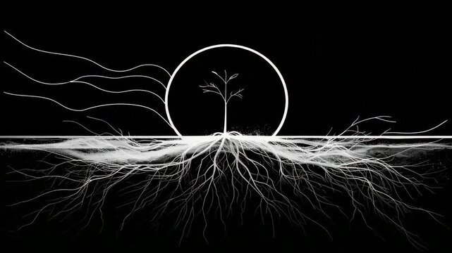 A stark white tree design featuring roots and a circle against a black background