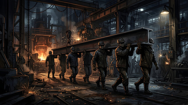 Industrial Workers Carrying Heavy Metal Beam.