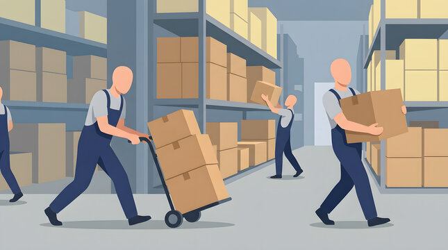 Warehouse Workers Moving Boxes and Parcels.