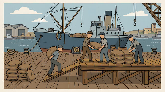 Dockworkers Unloading Cargo from Large Ship.