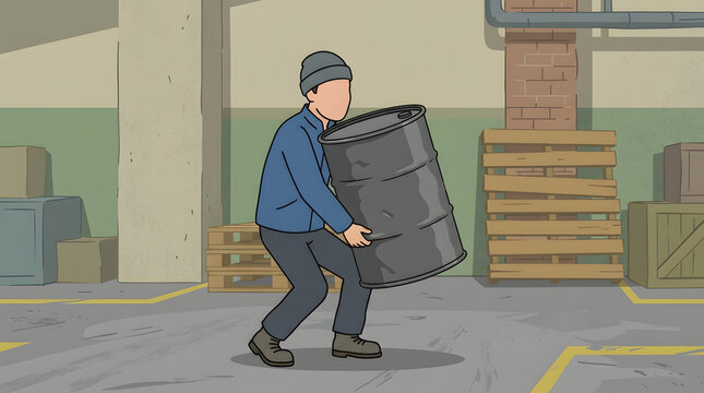 Man Lifting Heavy Barrel in Warehouse.