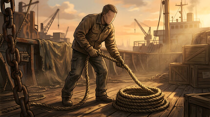 Fototapeta premium Man Working with Hoses on Dock.