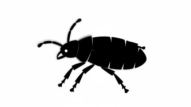 Silhouette of a small black ant with segmented body and long antennae on a white background.