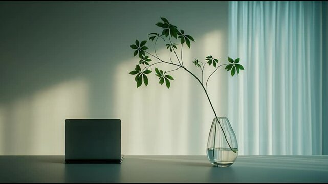 Minimalist workspace with laptop plant in a glass vase and soft natural light creating a serene and productive atmosphere for remote work and creative projects