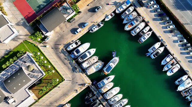 Peaceful Aerial View of Teos Marina and Sığacık, Izmir Turkey - Aerial view of Teos Marina and Sığacık in Izmir, Turkey, featuring a peaceful harbor, boats and clear blue Aegean Sea.