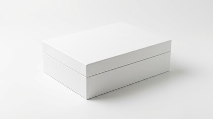 Fototapeta premium A closed, minimalist white box sits on a clean white background, representing a blank canvas for ideas or a simple gift.