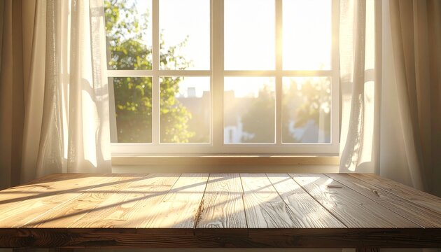 Soft Sunlight Wooden Table With Window And Curtain Natural Background