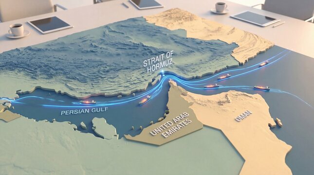 Strait of Hormuz Map Animation Showing Iran, UAE, Saudi Arabia, and Middle Eastern Countries with Oil Shipping Routes and Tanker Lanes