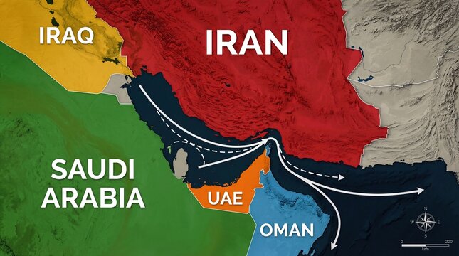 Strait of Hormuz Map Animation Showing Iran, UAE, Saudi Arabia, and Middle Eastern Countries with Oil Shipping Routes and Tanker Lanes