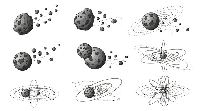 Black and white atoms and planets.