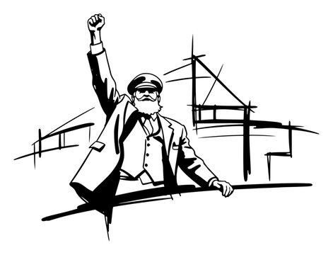 Leadership and Revolution Illustration Man in Captain Cap Raising Fist with Industrial Construction Background Hand Drawn Sketch Vector