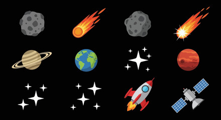 Space icons with planets and rockets. © ANAK