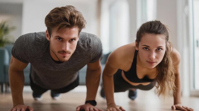 Happy athletic couple performs push ups side by side, focusing on fitness and teamwork in a bright home environment. Their positive energy highlights active living and wellness trends