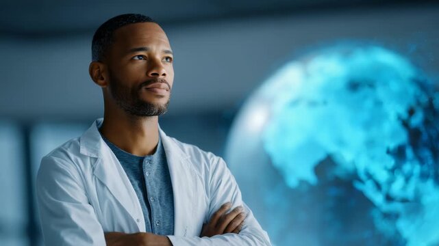 Portrait of a smiling scientist in a modern laboratory, symbolizing progress and discovery. The digital globe highlights global science, research, and technological advancements
