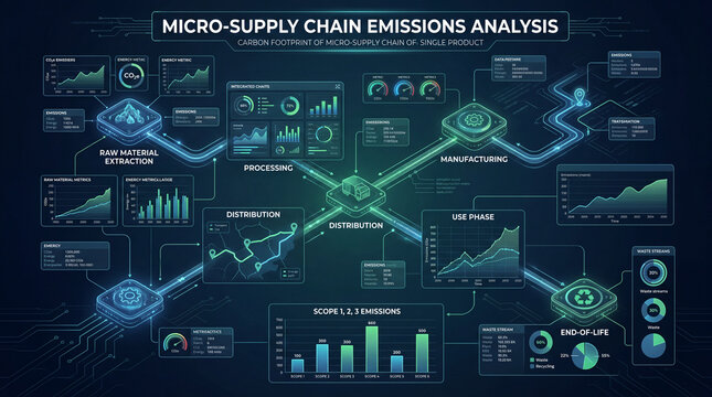 Modern Digital Flow Chart Infographic of a Micro-Supply Chain Carbon Footprint Analysis with Detailed Graphs, Data Boxes, Scope 1 2 3 Emissions Comparison for Presentations, 16:9 Aspect Ratio