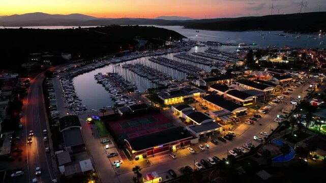 Aerial Drone View of Teos Marina and Sigacik Coastal Town in Izmir, Turkey &ndash; Aegean Sea Harbor and Scenic Village 4K