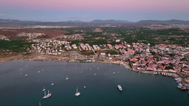 Aerial Drone View of Teos Marina and Sigacik Coastal Town in Izmir, Turkey &ndash; Aegean Sea Harbor and Scenic Village 4K