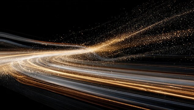 Flowing golden and silver light trails against a dark background, resembling stardust