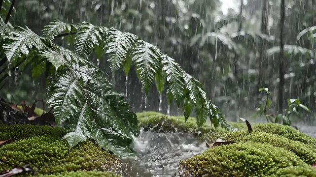 Heavy rain falls on lush green fern leaves and mossy ground in a tropical forest. Ideal for nature documentaries, relaxation media, soundscapes, environmental themes,