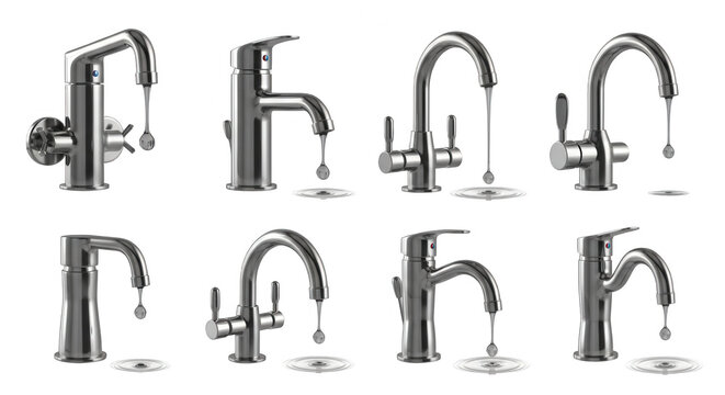 modern chrome faucets dripping water on white background for bathroom or kitchen design and display