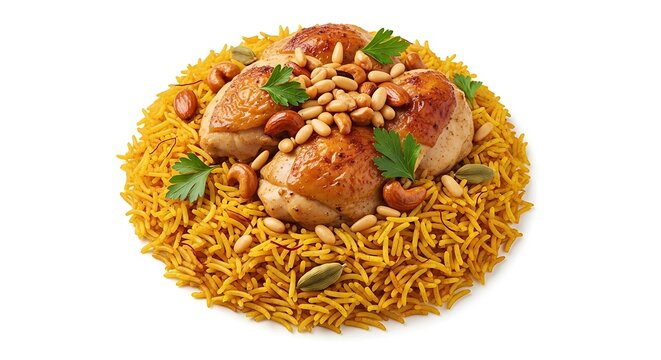 Hearty Golden Chicken and Turmeric Rice Platter with Toasted Pine Nuts, Red Kidney Beans, and Fresh Herbs in a Vibrant Product Shot Against Clean Background