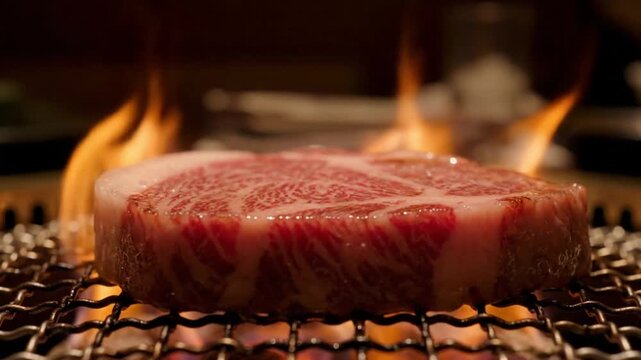 Steak on fire grill closeup.