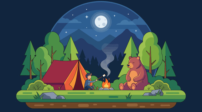 A cheerful camper is roasting marshmallows by a campfire, accompanied by a friendly bear, surrounded by tall trees and a beautiful night sky with a full moon.