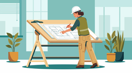 A professional architect carefully prepares architectural blueprints while focusing on detailed designs and technical drawing techniques in a bright studio environment.
