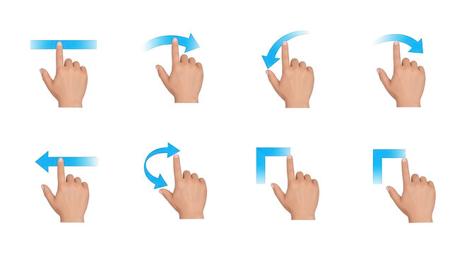 touchscreen gestures with human hands performing swiping rotating and zooming actions on a white background useful for ui ux design