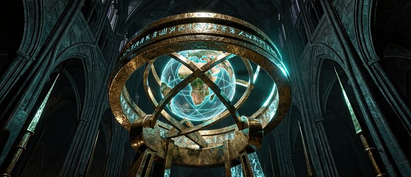 Fantasy orrery rotating in gothic cathedral