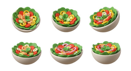 six colorful 3d rendered salad bowls on a white background a healthy eating campaign or recipe promotion