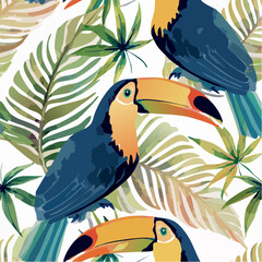 Fototapeta premium Exotic Toucan Seamless Vector Pattern with Tropical Palm Leaves and Jungle Foliage for Textile and Wallpaper Design