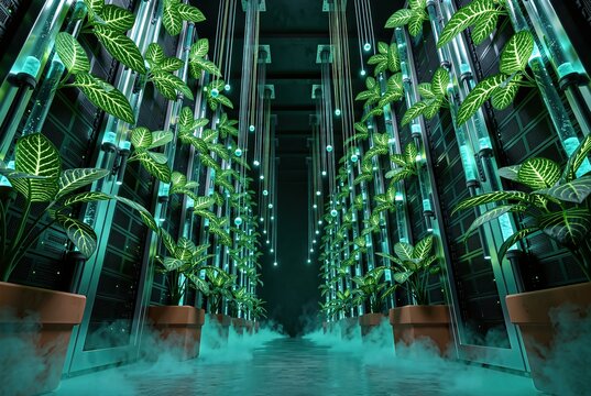 Neon flora intertwining active server racks