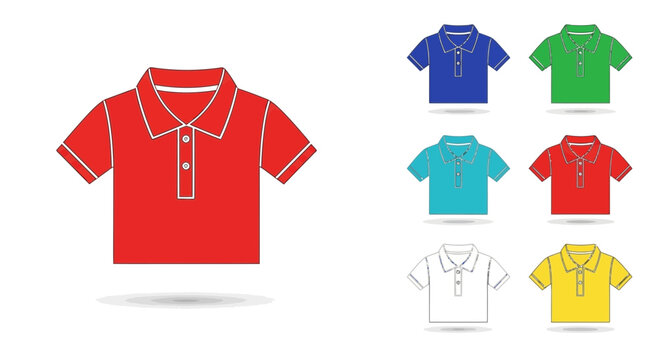 Flat vector illustration set of colorful polo shirts, front view, multiple color variations including red, blue, green, yellow, and white, clean and minimal design, solid colors without gradients, mod