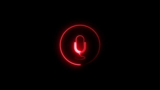 A vibrant neon red microphone with a circular progress bar animation centered on a black background symbolizing audio recording or voice command activation Keywords: microphone, neon, red, glowing
