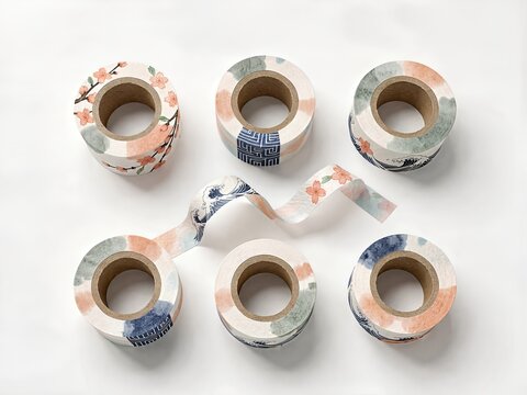 Patterned washi tape rolls arranged in flat lay