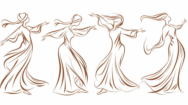 Four outlined women with dresses, arms outstretched, seemingly dancing, brown and white