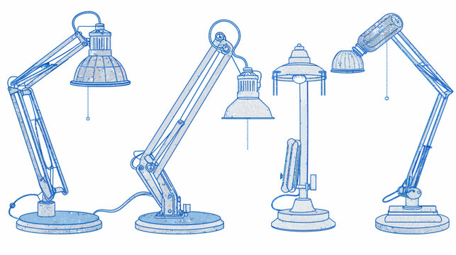 Line art of four different styles of desk lamps in blue tones, on a white background