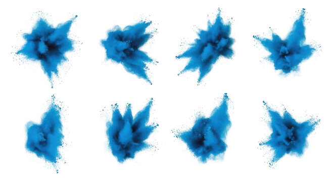 exploding blue powder explosions on a clean white background creating abstract art for design and visual content