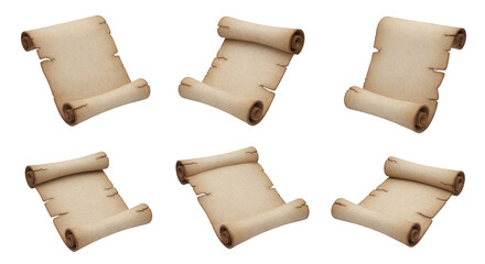 collection of old parchment scrolls arranged on white surface for presenting historical or legal documents and messages isolated