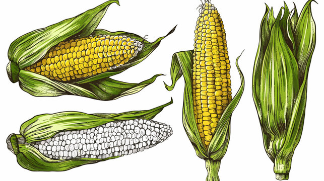 Maize arrangement displays corn cobs and husks in a colorful, artistic depiction
