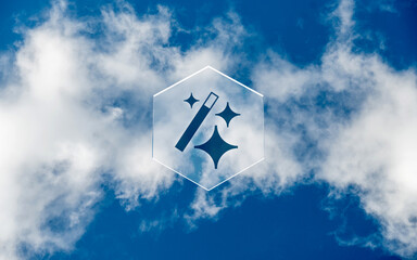 Fototapeta premium Magic wand icon with sparkles on hexagonal glass plate against blue sky and clouds for artificial intelligence creative solutions and innovation concept