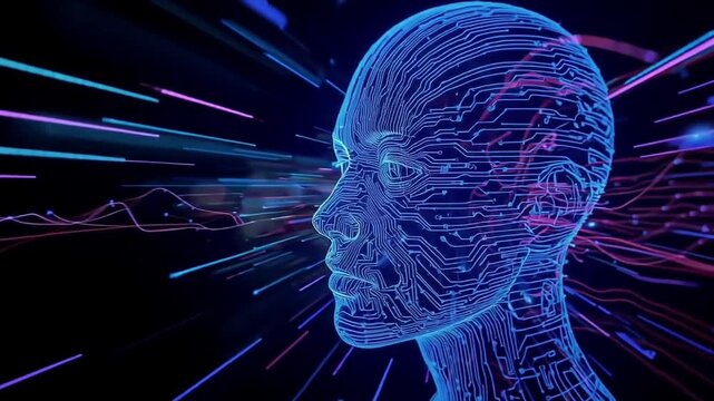 サイバーセキュリティと顔認証を表現する人工知能データ解析向けの三次元背景動画素材