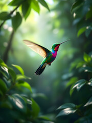 Fototapeta premium Hummingbird in flight among green foliage