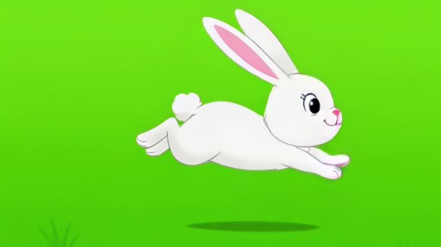 Playful white rabbit leaping across a bright green background in a cartoon illustration.