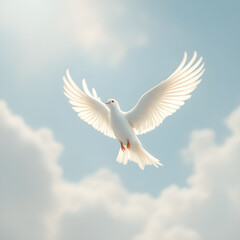 Fototapeta premium White dove flying in blue sky with clouds