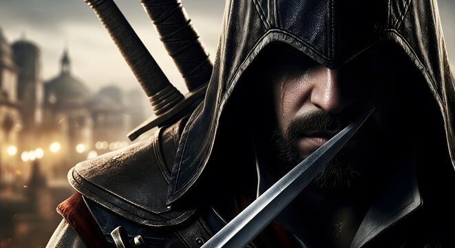 Mysterious hooded warrior with sword in historical cityscape