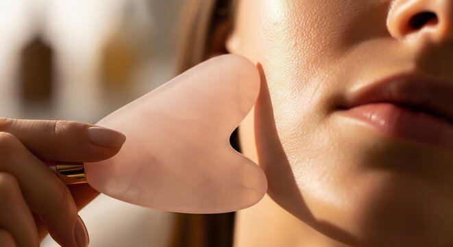 Woman Using Rose Quartz Gua Sha Stone for Facial Massage.